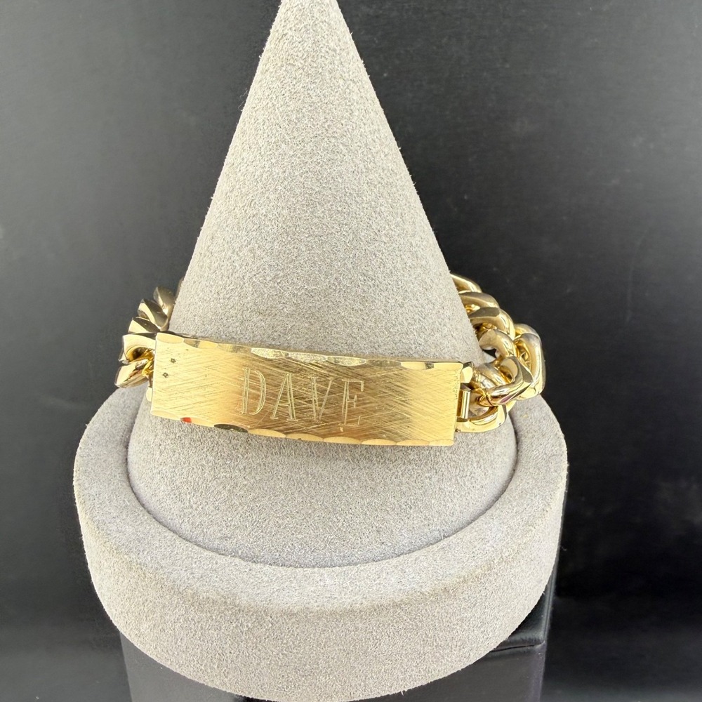 Vintage Speidel USA ID Bracelet Gold Tone Engraved DAVE Signed 8”